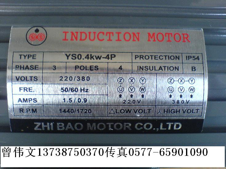 ZHI BAO MOTOR CO.,LTD) INDUCTION MOTOR YS0.1KW-4P/