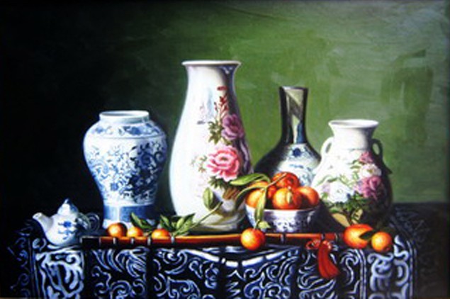 北京纯手绘油画 昌平静物油画 室内装饰画 手绘画 静物瓷器和水果