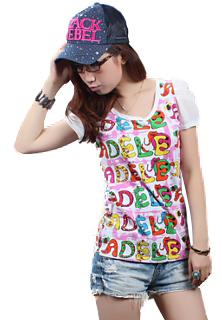 2011夏季新款 2812香里奈都市时尚女士短袖T恤英文图案宽松修身泡泡袖圆领