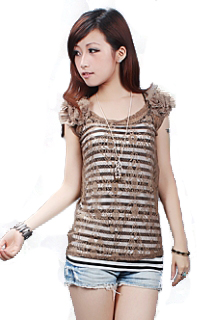 2011夏季新 2726香里奈款女装短袖T恤条纹雪纺花肩人气热卖韩版