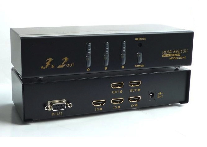 HDMI切换器/3进2出HDMI分配器/HDMI3进2出 带遥控 RS232切换