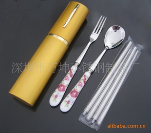 陶瓷柄刀叉便携3件套|铝盒3件套|广告礼品餐具