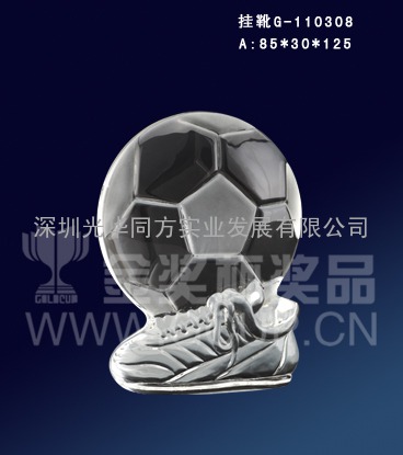 足球水晶奖座-挂靴，专业设计水晶奖杯奖座