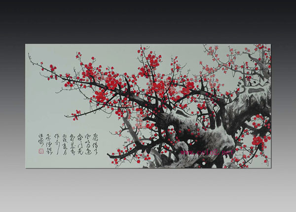 寒梅香瓷板画，粉彩山水瓷板画