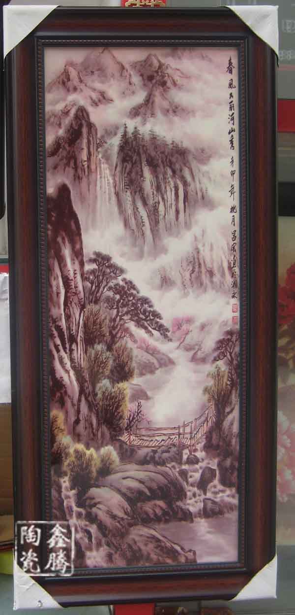 粉彩花鸟瓷板画，手绘粉彩山水瓷板画