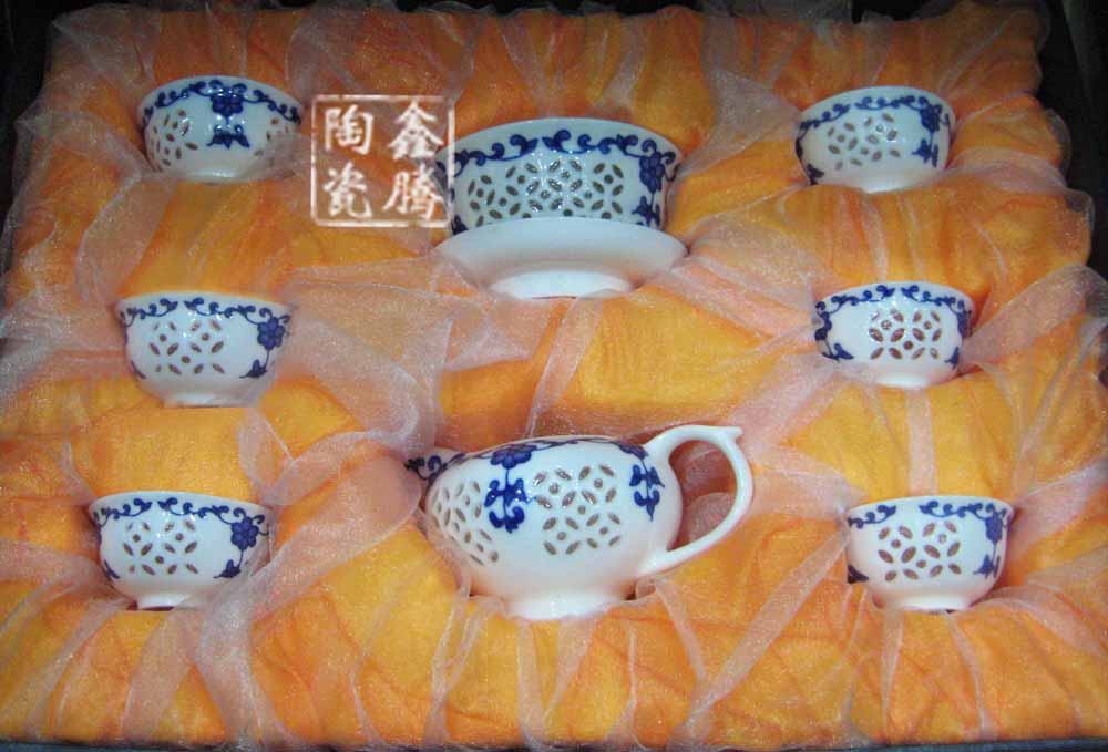 青花玲珑瓷茶具，青花瓷陶瓷茶具