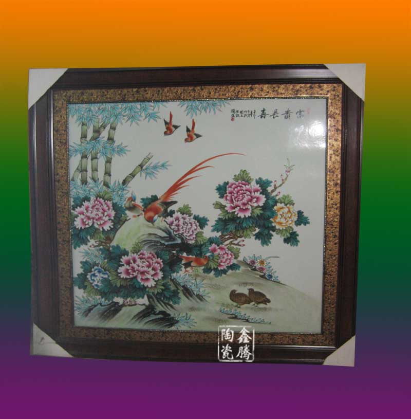 手绘粉彩瓷板画，手工陶瓷瓷板画，粉彩花鸟瓷板画