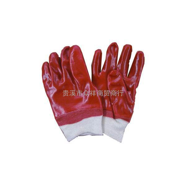 厂家直销罗纹口红色PVC手套、棉衬里防油耐油手套