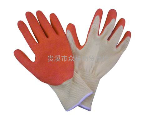 厂家直销21针棉纱皱纹乳胶手套、防滑耐磨工作手套