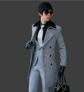 韩版时尚男士羊毛羊绒大衣 中长款毛呢外套