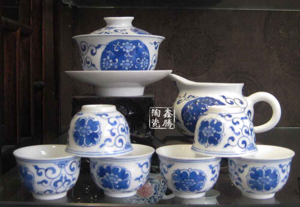 青花功夫茶具，手绘青花茶具，高档陶瓷茶具
