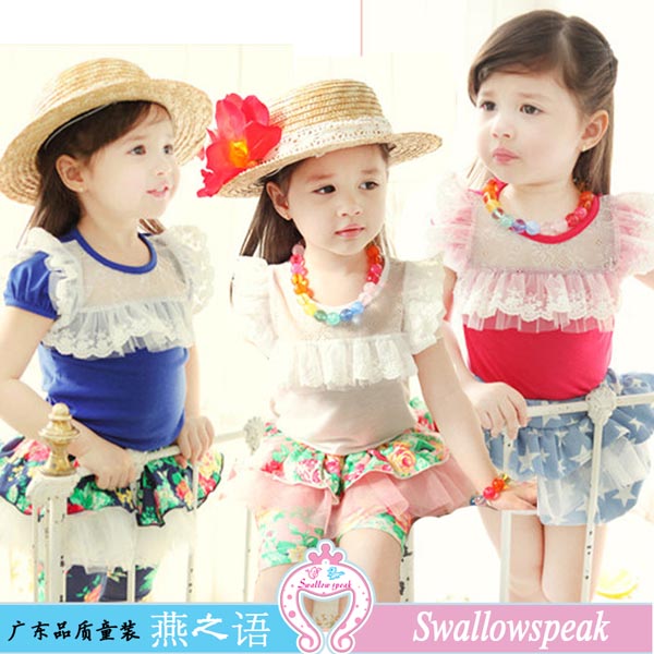 韩国原单童装 14夏季新款女童纯棉蕾丝飞袖上衣 高档儿童T恤批发