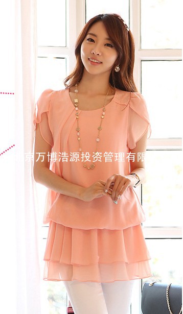 夏季新款女装韩版裙摆式中长款女雪纺衫短袖