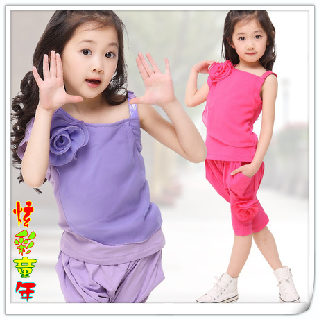 童装女童夏季套装韩版 2014中大儿童个性雪纺无袖上衣裤子两件套