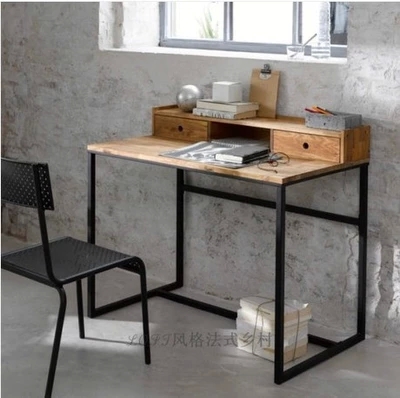 美式铁艺仿古做旧实木梳妆台 铁艺写字桌 电脑桌办公桌书桌