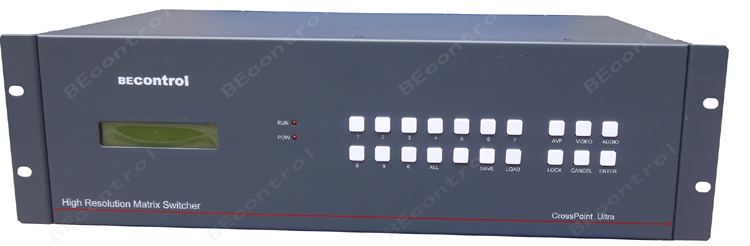 16进4出VGA音视频切换矩阵  支持音视频同步、单视频、单音频输入输出切换控制，具有RS232输入