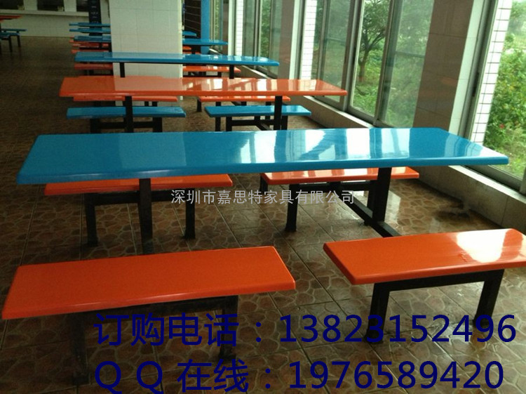 工厂饭堂连体餐桌 厂家供应八人位 长条凳组合快餐厅桌椅
