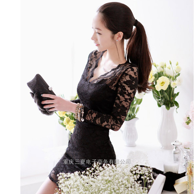 2015春季新款韩版靓丽女装气质修身性感纯色V领蕾丝包臀打底连衣裙