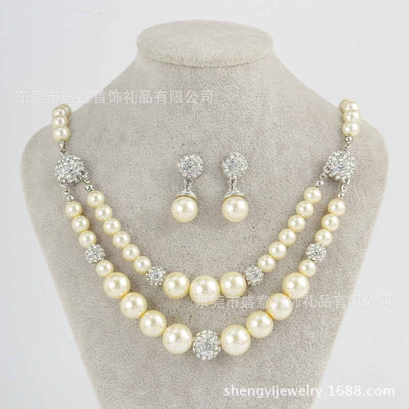 东莞盛意饰品韩版高品质珍珠满钻项链耳环两件套速卖通首饰货源