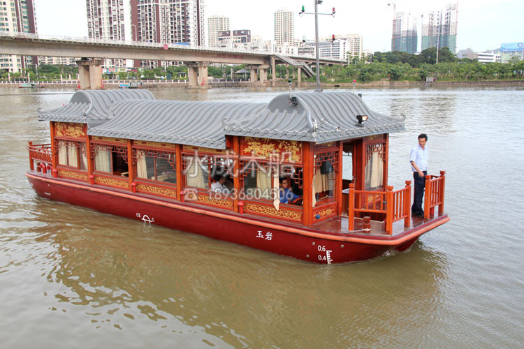 冲钻直销优质黄色红色水成水上观光船大型餐饮船木船电动船旅游船