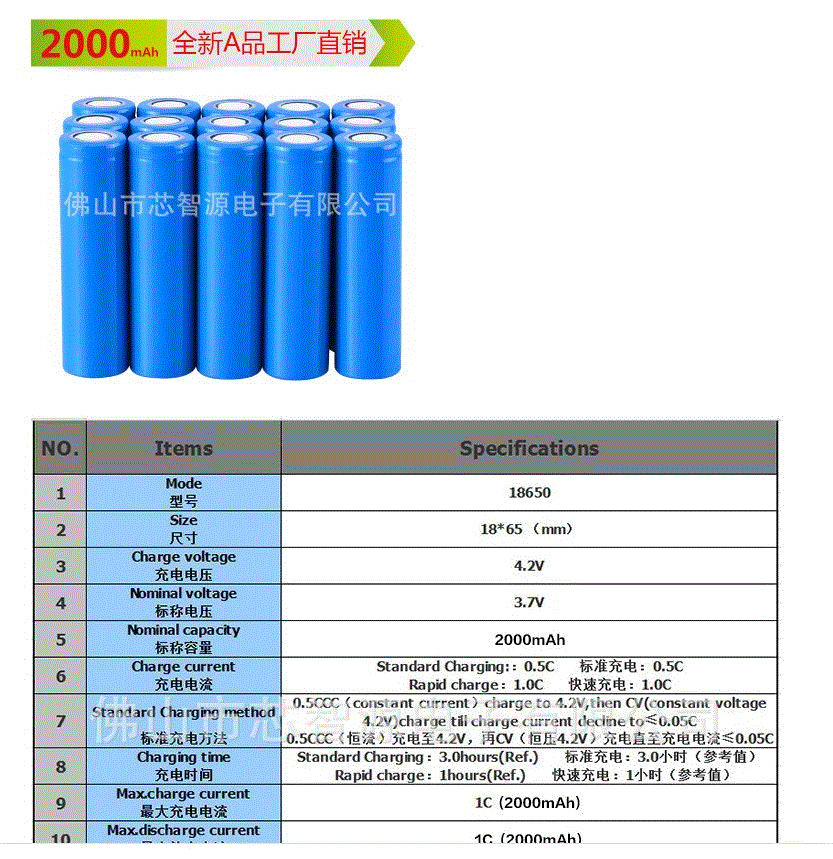 厂家直销18650锂电池2000mah 可充电电池 3.7V全新A品电芯批发