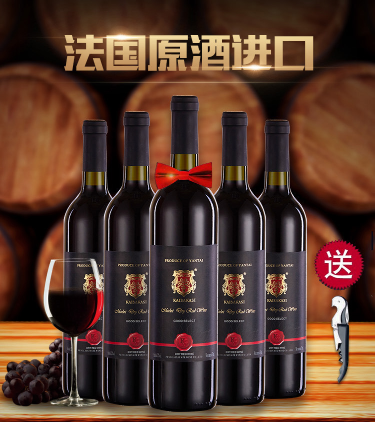 精选美乐干红葡萄酒法国原装进口红酒箱装6瓶送开酒器