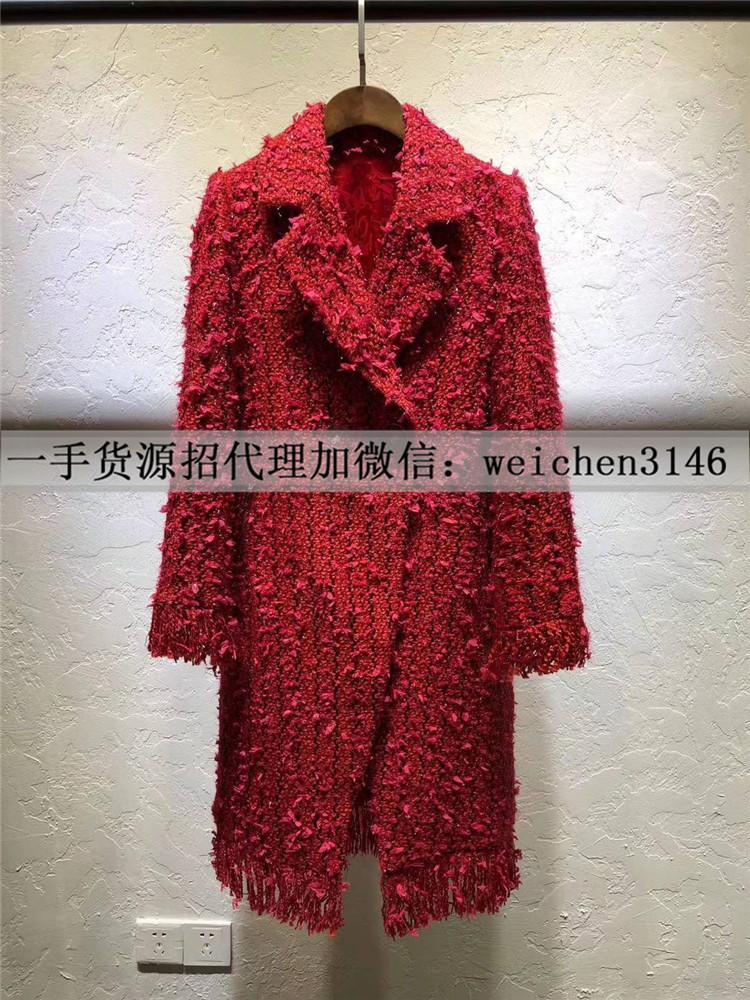欧美高端女装红色小香翻领羊毛呢编织大衣外套