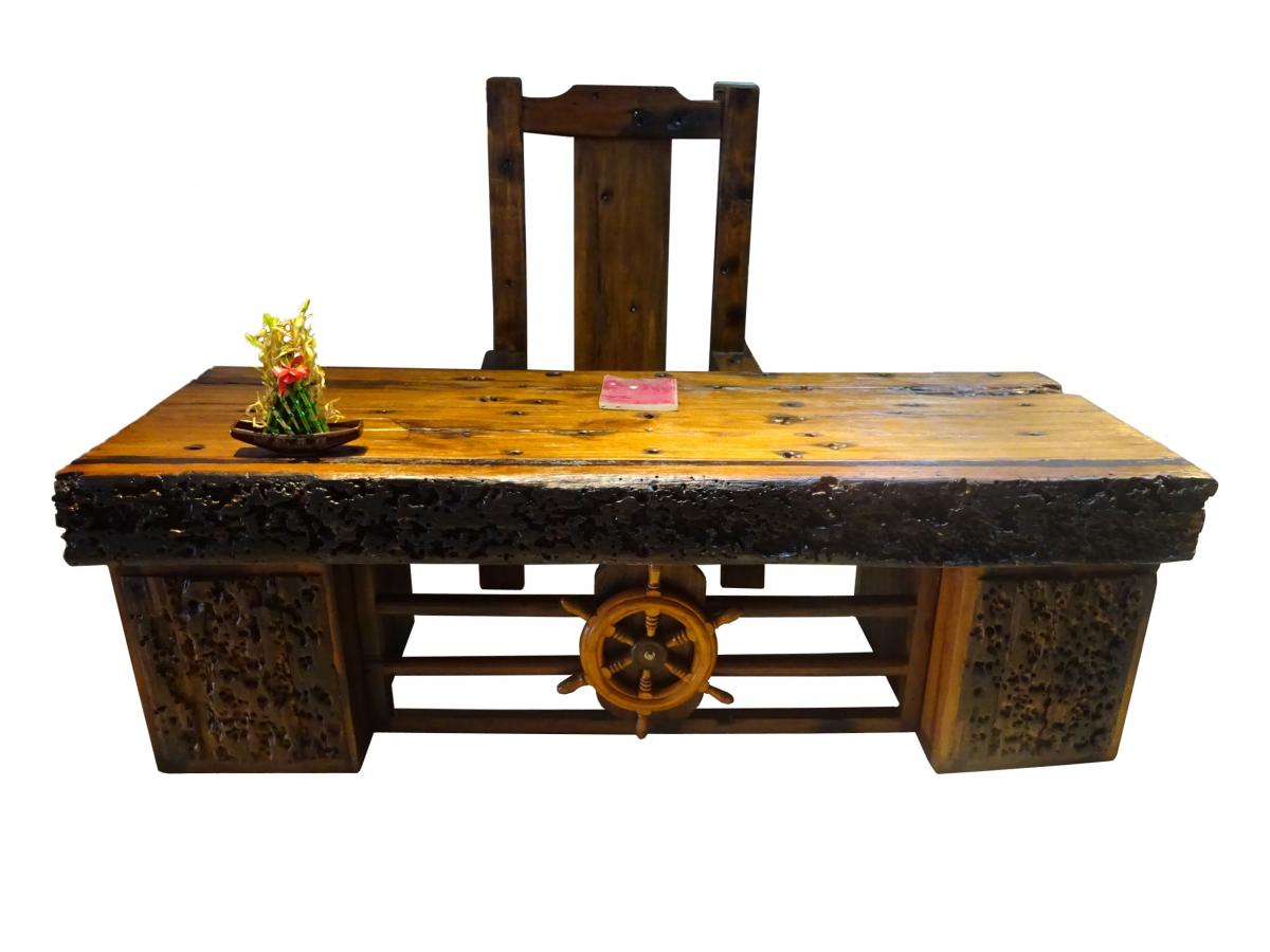 老船木办公桌大班桌复古主管会议桌实木大板台船木厚板阅览桌