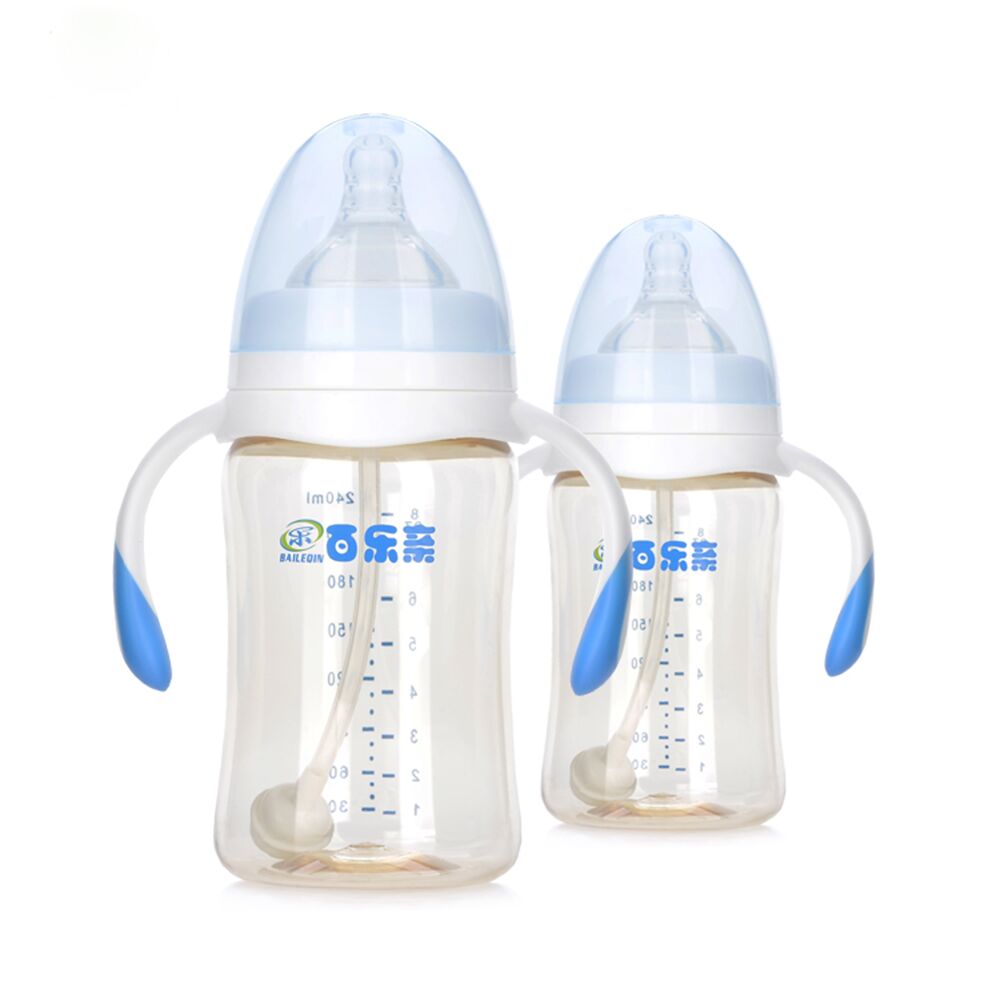 百乐亲厂家批发 新生婴儿奶瓶 宽口防胀气带手柄奶瓶