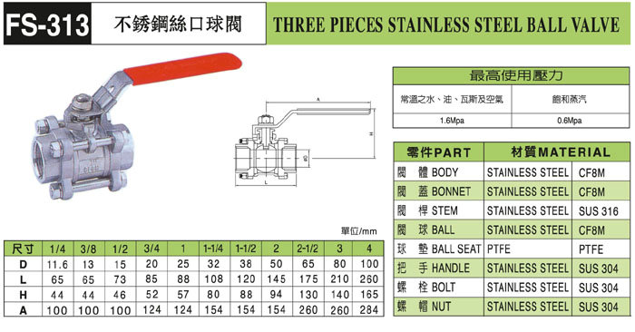 FUSAN富山FS313不锈钢三片式球阀