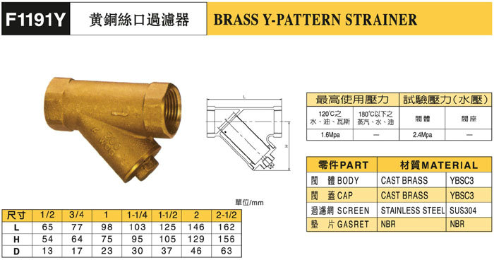 台湾富山F1191Y黄铜丝口过滤器