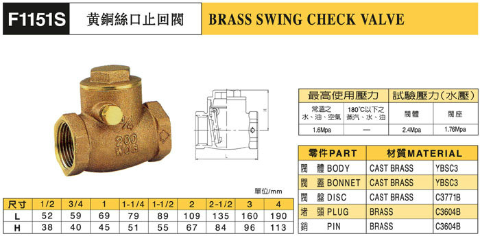 台湾富山F1151S黄铜丝口止回阀