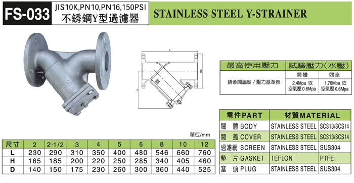 台湾富山FS033不锈钢Y型过滤器