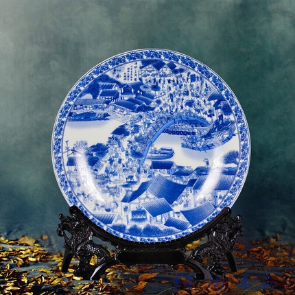 景德镇青花瓷牡丹花10寸陶瓷盘中国风工艺品摆件骨瓷纪念盘