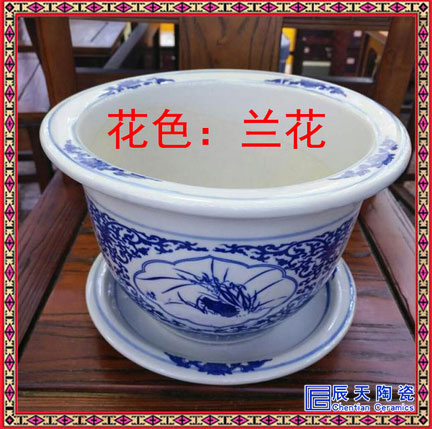 景德镇陶瓷家用花盆套装透气简约中国风创意青花瓷圆形花钵