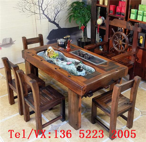 老船木流水茶桌鱼缸茶台原生态龙骨茶几中式古典禅意茶桌椅组合