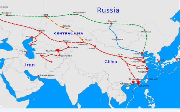 从中国到俄罗斯,哈萨克,乌兹别克铁路运输路线