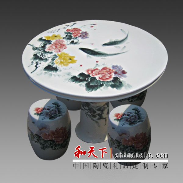景德镇陶瓷 手绘青花龙凤 瓷桌 一桌四凳桌凳套装 图案庭院桌凳