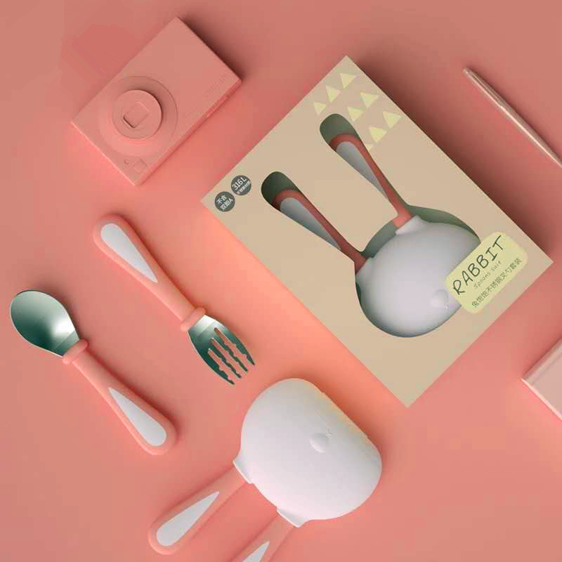 雪卡儿sharecare不锈钢宝宝餐具套装 兔子造型勺叉组 便携式儿童餐具