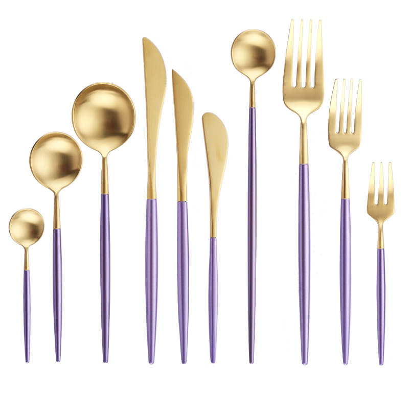 亚马孙爆款家用品 西餐刀叉餐具 紫色梦幻金餐具304 不锈钢刀叉勺