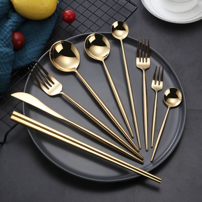 北欧家居风格 里昂 304不锈钢刀叉勺餐具 亮光金色系列 西餐餐具