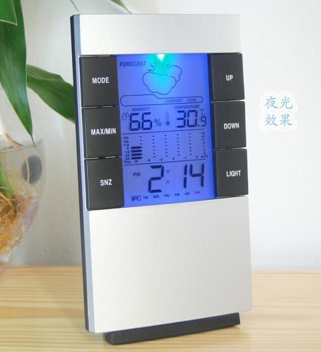新款大屏幕多功能电子温湿度计 桌钟 带天气预报钟夜光灯闹钟