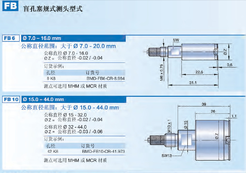 德国DIATEST盲孔塞规测头Mahr|马尔盲孔百分表（FB系列） ф7.0-20.0mm