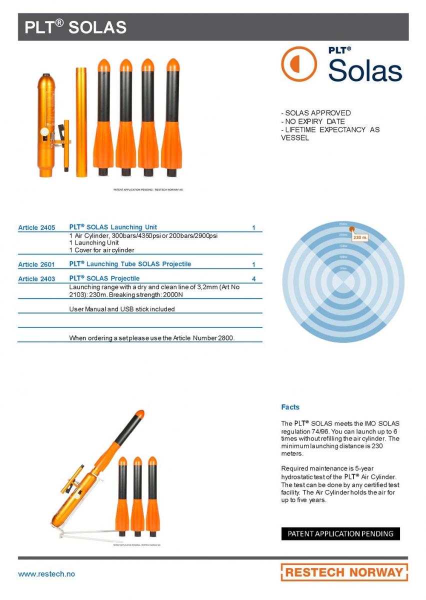 挪威RESTECH PLT SOLAS气动抛绳器 经济款 EC MED认证 CCS认证