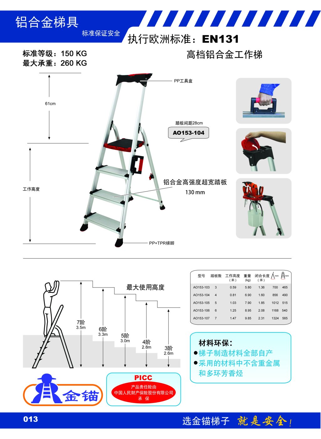 金锚AO153-103 AO153-104铝合金高强度宽踏板工作梯带提手