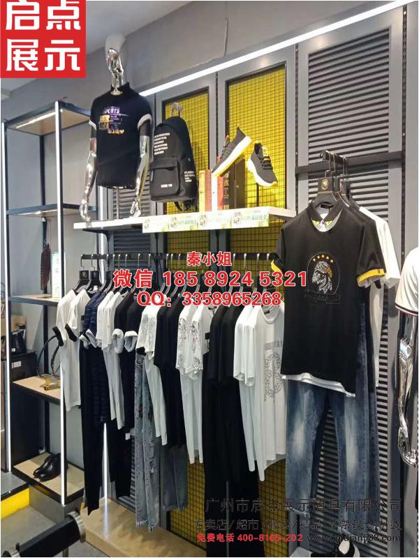 服装品牌折扣店专用货架布局陈列图片烤漆货架不锈钢展示架铝柱边柜