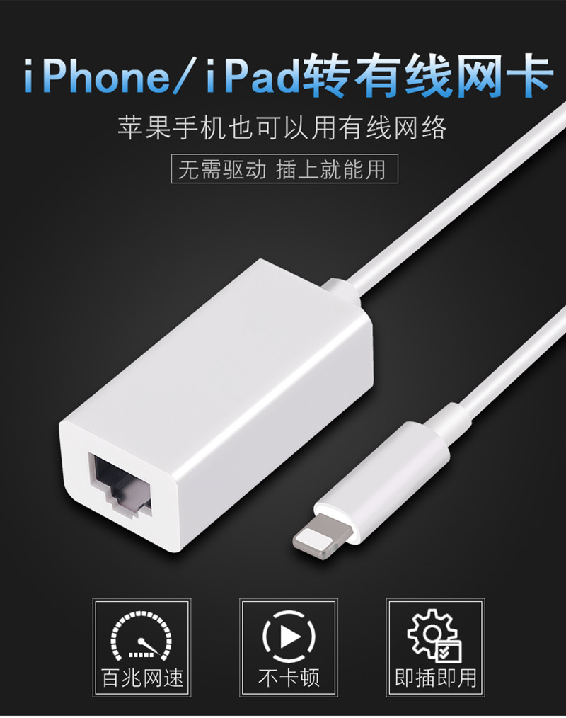 苹果手机网卡lightning to RJ45 iphone7转接线跨境热卖游戏加速