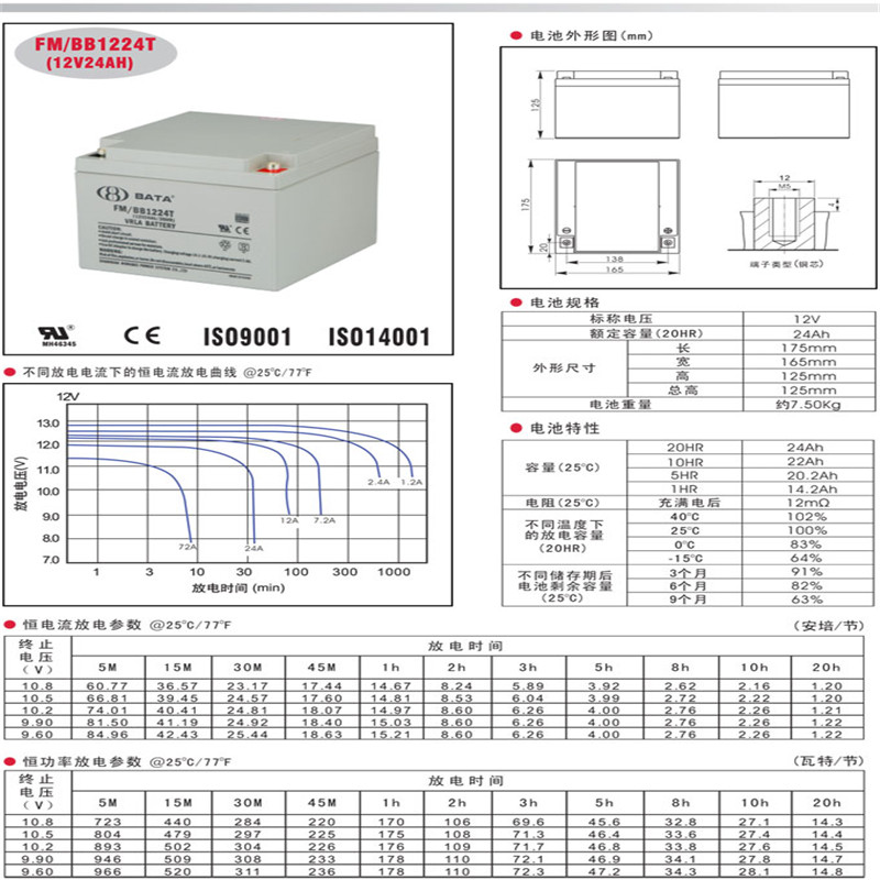 鸿贝蓄电池FM/BB1224 12v24ah常规尺寸