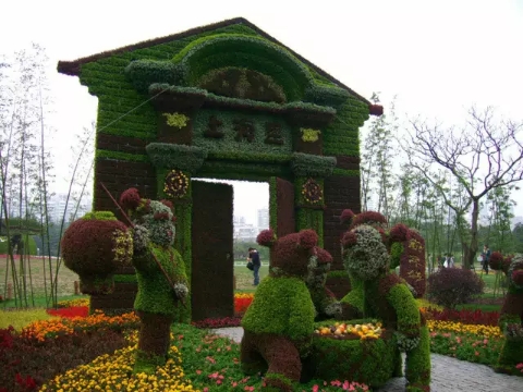 四川成都仿真植物绿雕布景效果 园林景观花卉绿雕布置